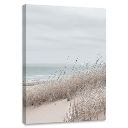 Beach grass horizon — coastal canvas wall art in pale beige and gray tones, peaceful seascape decor for serene living room settings