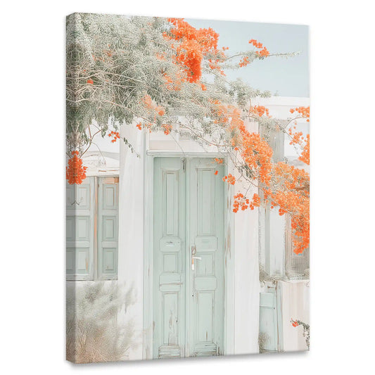 Mint door with bougainvillea — coastal canvas print for living room, rustic pastel tones create a calm Mediterranean aesthetic.