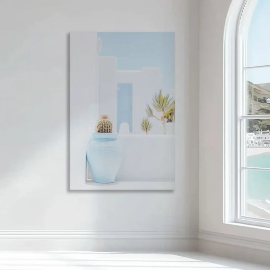 Golden cactus in pastel pot — modern canvas wall art, soothing blue and white palette ideal for tranquil minimalist interiors.