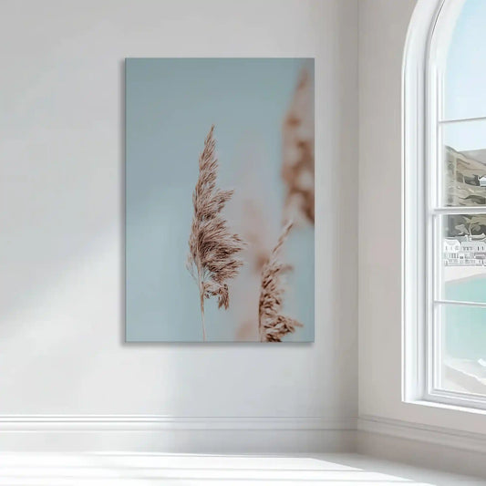 Neutral pampas seascape — modern canvas wall art, minimalist design in beige and sky tones perfect for calming coastal interiors.