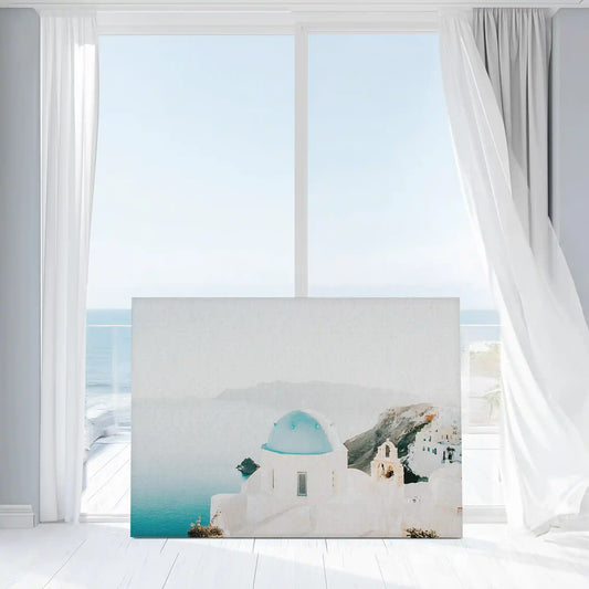 Greek island seascape — large canvas wall art with turquoise dome and soft tones, ideal for serene coastal living room décor