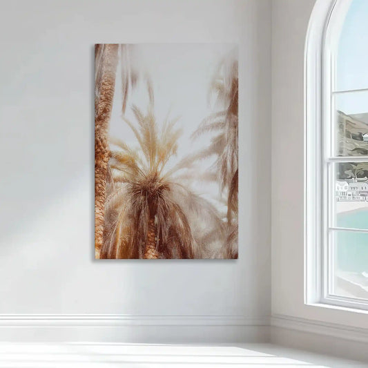 Sunlit palm leaves — large canvas wall art with soft beige glow and breezy texture, peaceful tropical wall decor for bright bedroom spaces