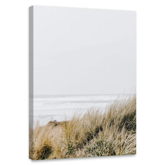 Windswept dune grasses — coastal canvas wall art in soft beige tones, peaceful minimalist decor for serene living room spaces