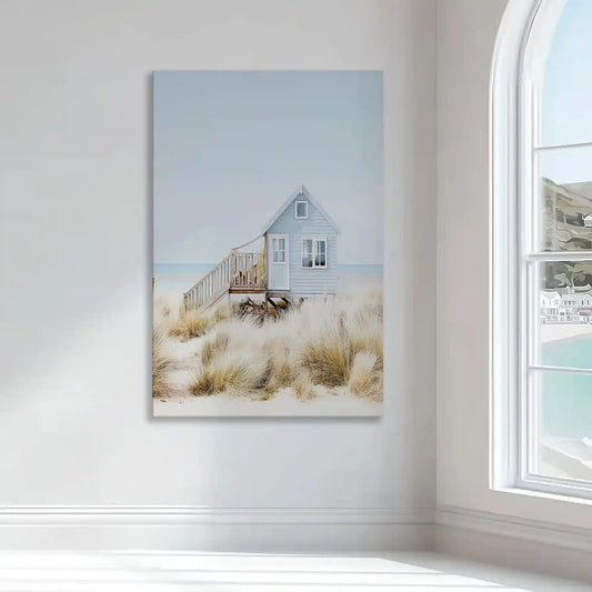Seaside cottage large canvas wall art—tranquil beach print for a calming modern living room with soft sand and sky palette