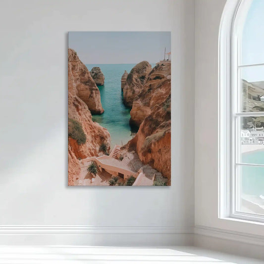 Mediterranean cliffside ocean view — large canvas wall art blending warm rocks and blue waves, ideal for coastal bedroom decor