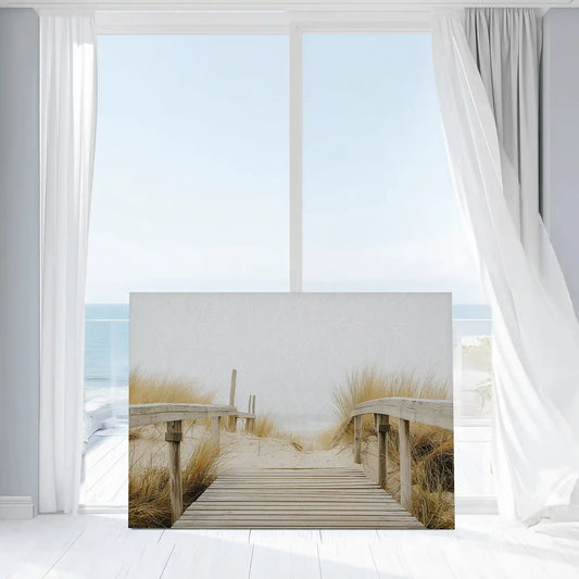 Rustic boardwalk path through dune grass — large canvas wall art evoking calm and coastal charm for living room or bedroom