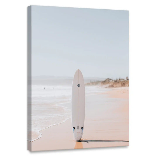 Minimalist surfboard scene — coastal canvas print for living room or bedroom, evoking calm seaside tones and natural light