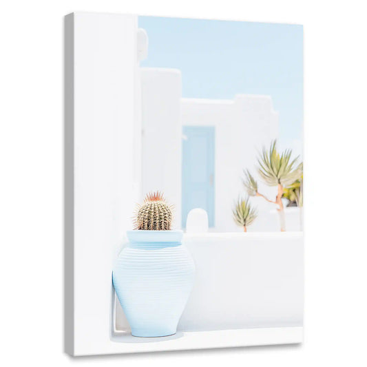 Minimalist cactus in blue pot coastal canvas print for living room — soft pastel tones bring airy coastal charm and calm style.