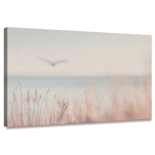 Soft coastal dune landscape coastal canvas print for bedroom decor — calm pastel tones evoke serenity and ocean breeze