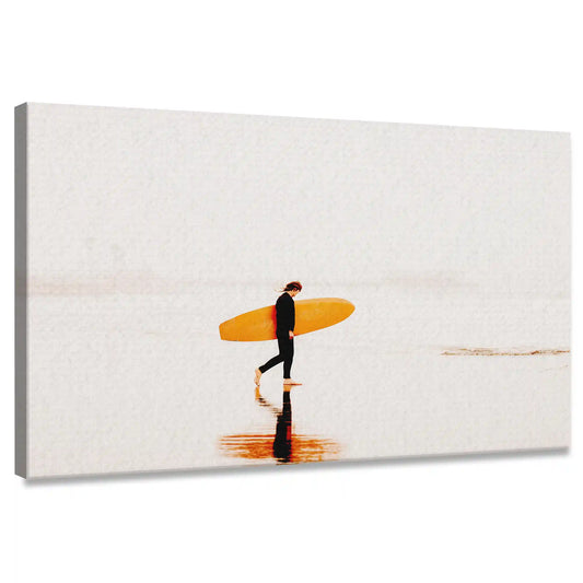 Surfer with yellow board — coastal canvas wall art with minimalist seascape design, peaceful beach décor for modern living room spaces