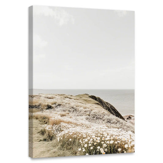 Wildflower cliffs under soft coastal light — coastal canvas print for living room wall art, peaceful minimalist decor