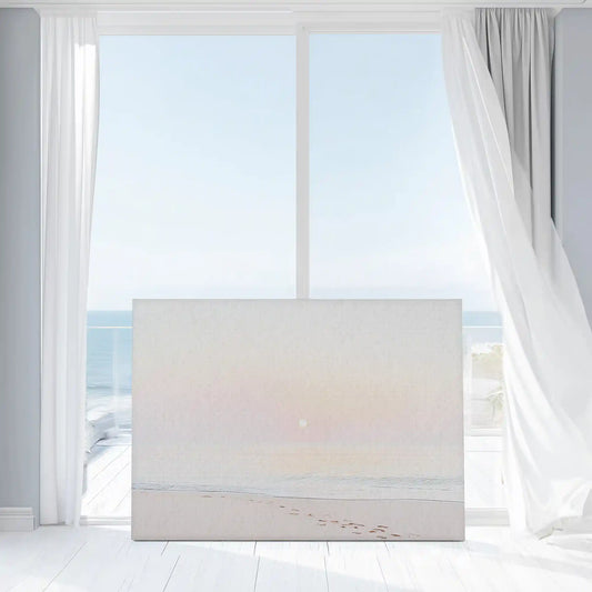 Minimalist beach horizon — modern canvas wall art featuring gentle hues of pink and sand for calming living room design