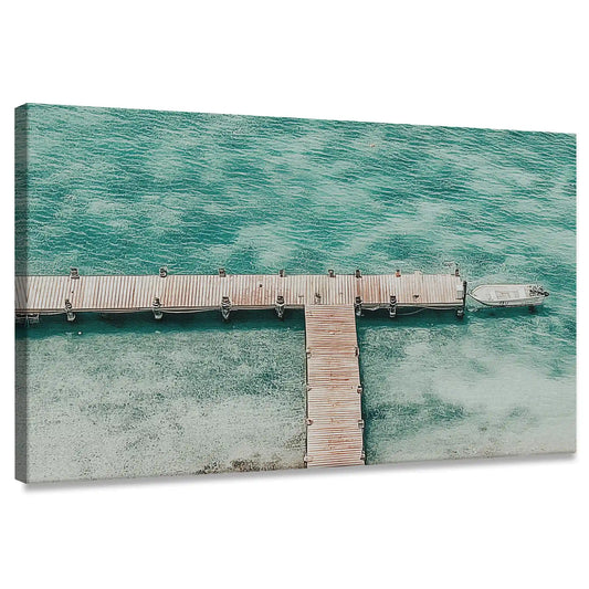 Wooden dock over turquoise ocean — coastal canvas print for bedroom wall, serene seascape adds calm minimalist charm.