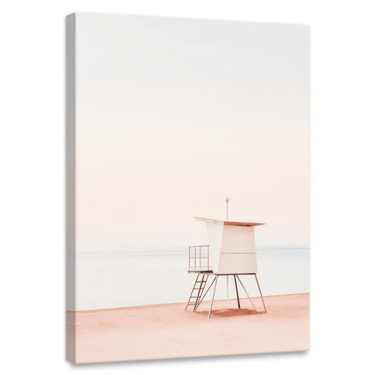 Minimalist lifeguard stand coastal canvas print for living room — soft pastel tones bring peaceful seaside charm to modern décor.