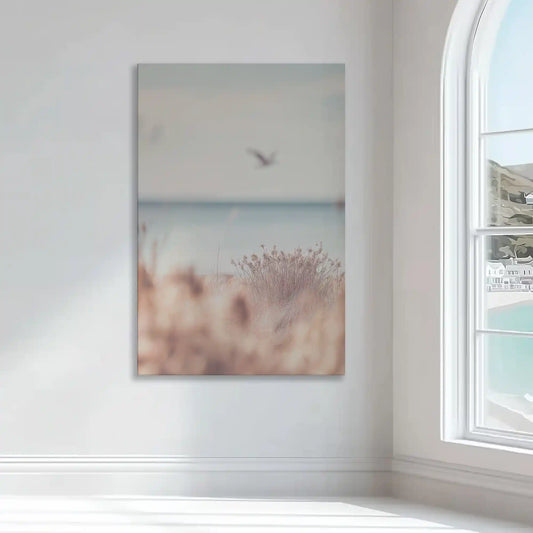Blurred seagull over ocean waves — modern canvas wall art, soft neutral palette ideal for bedroom or beach home interiors
