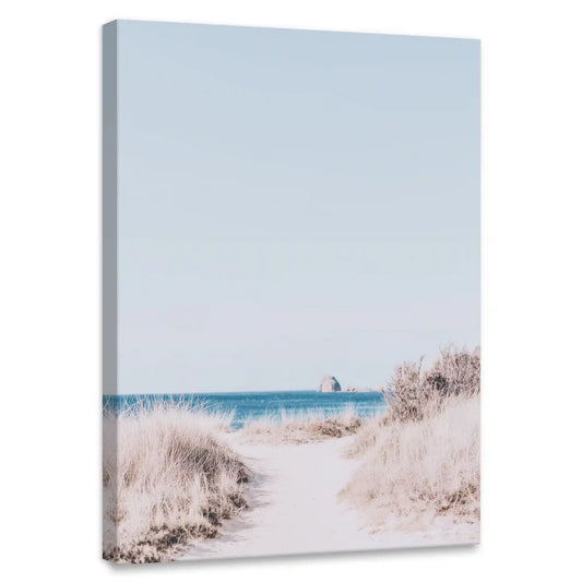 Beach dunes and ocean horizon — large canvas wall art in soft beige and blue palette, calming coastal décor perfect for modern living rooms.