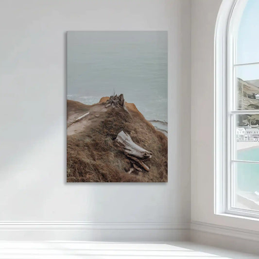 Driftwood and sea cliff — modern canvas wall art in desaturated hues, bringing tranquility and nature’s beauty to bedroom interiors.