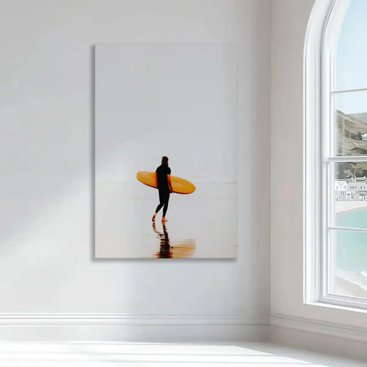 Beach surfer silhouette — modern canvas wall art with neutral tones, perfect for coastal interiors or beach house decor
