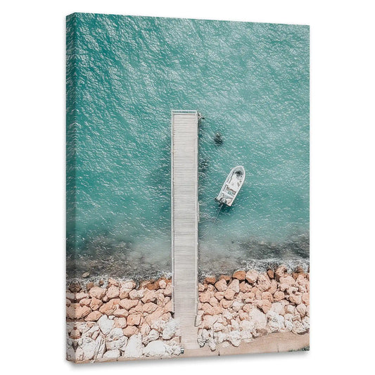 Dock and boat aerial view — coastal canvas wall art with teal ocean hues and sandy shore, peaceful minimalist decor for modern bedrooms