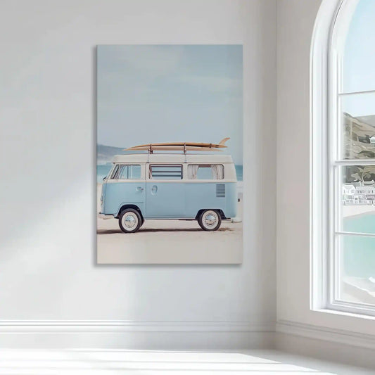 Classic blue surf van — coastal canvas print with minimalist seaside style, peaceful décor for beach house or modern interiors.