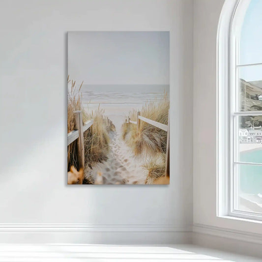 Sandy beach trail — coastal canvas print with gentle seagrass and pale sky hues, peaceful wall décor ideal for bedroom or beach house style.