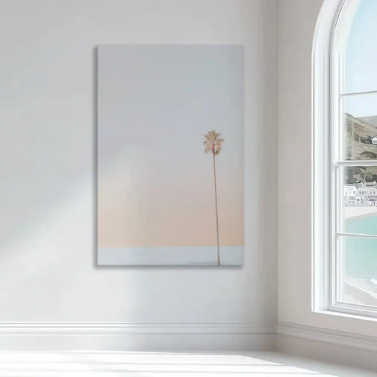 Single palm tree silhouette — modern canvas wall art, soothing beige and peach tones perfect for calm and airy home interiors.