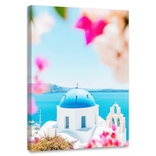 Santorini pink bougainvillea — coastal canvas print featuring blue domes and white walls, perfect Mediterranean bedroom wall art
