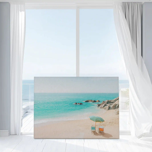 Tropical shoreline with chairs — modern canvas wall art, peaceful summer décor for living room or seaside retreat.