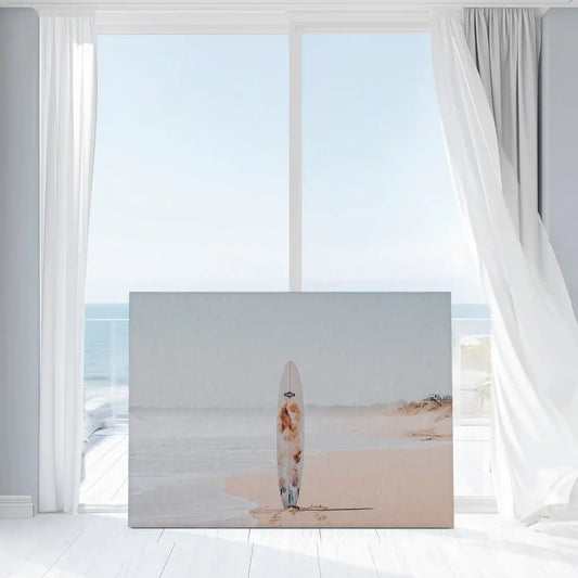 Minimalist surfboard seascape — coastal canvas print in beige and sky blue hues, calming wall art for bedroom or beach house décor