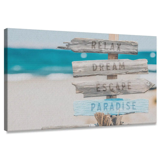 Beach direction sign — large canvas wall art with driftwood planks reading Relax and Dream, uplifting coastal décor for living room walls.