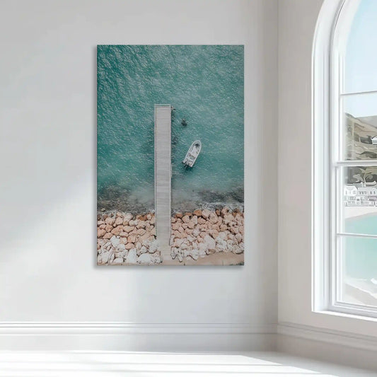 Small pier over turquoise sea — large canvas wall art evoking calm and balance, relaxing coastal style for living room or beach house