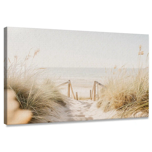 Sandy dune pathway — coastal canvas print with beach grass and sunlight tones, peaceful bedroom wall art for seaside homes