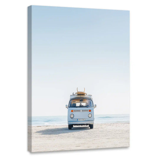 Vintage beach van canvas wall art for living room, soft sand tones and blue sky creating a calming nostalgic coastal retreat.