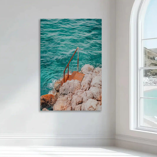 Rusted stairway descending to turquoise ocean — coastal canvas print, modern seascape design for tranquil coastal bedroom décor.