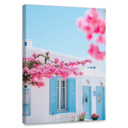 Bougainvillea and blue doors — coastal canvas wall art with whitewashed walls, uplifting floral artwork for bright living room or kitchen decor