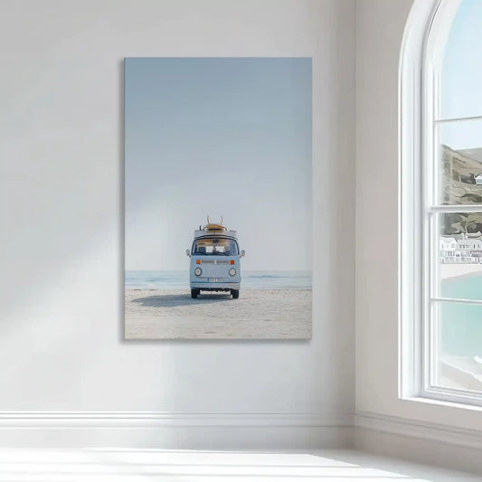 Classic surf van — coastal canvas print with minimalist sky gradient and tranquil beach palette, perfect for bedroom décor.