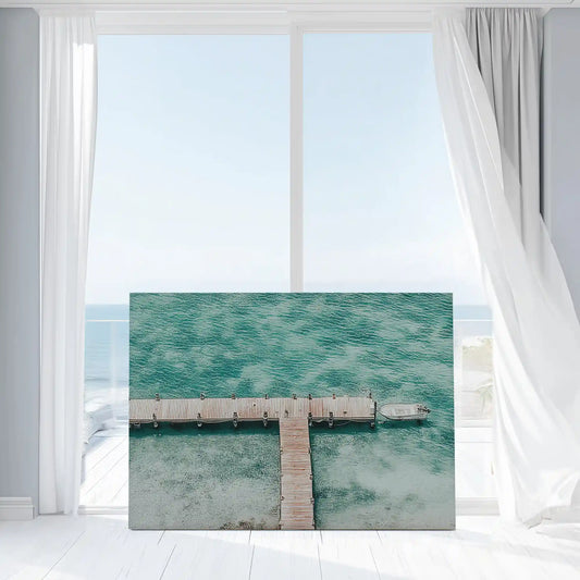 Aerial view of pier in aqua tones — modern canvas wall art, peaceful coastal décor for relaxing living room space.