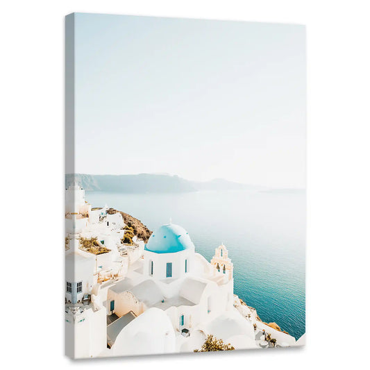 Santorini blue dome — coastal canvas print with whitewashed cliffs and turquoise sea, perfect calming bedroom wall art