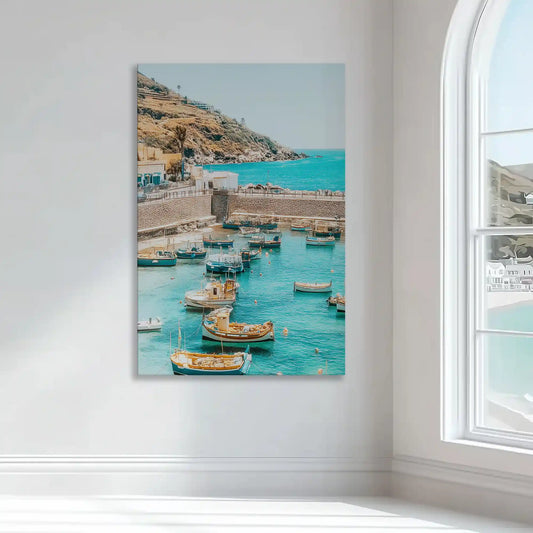 Tranquil harbor seascape large canvas wall art for bedroom — relaxing coastal village with sunlit boats and turquoise sea.