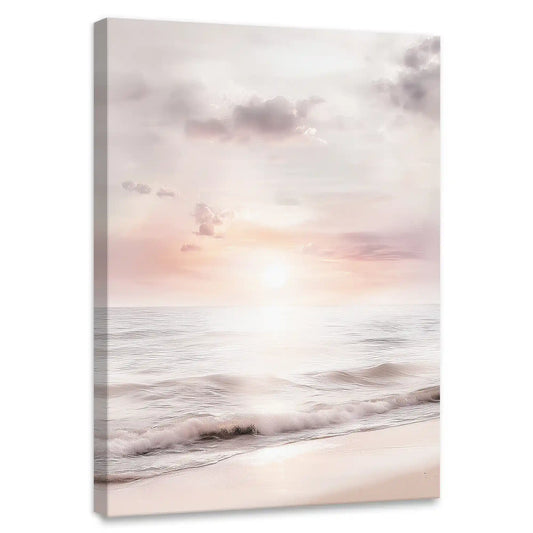 Golden beach sunset — coastal canvas print for bedroom decor, soft pastel tones evoke calmness and seaside tranquility