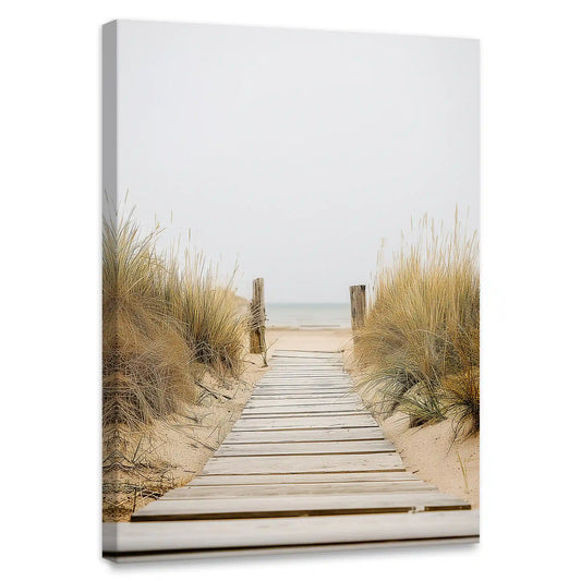 Wooden boardwalk through beach dunes — large canvas wall art with calm neutral tones, peaceful coastal décor perfect for modern living rooms.