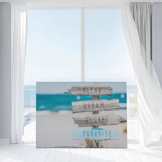 Rustic beach sign — coastal canvas print with turquoise water and sandy tones, calming seaside wall décor ideal for bedroom or hallway space.