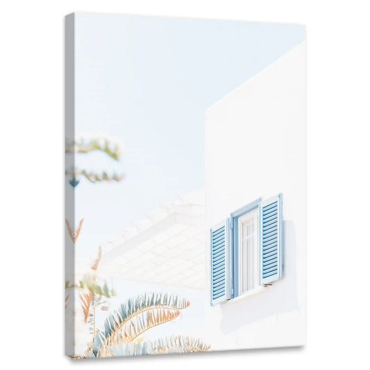 Greek island window view — coastal canvas wall art with white facade and blue shutters, calming Mediterranean decor for living room style