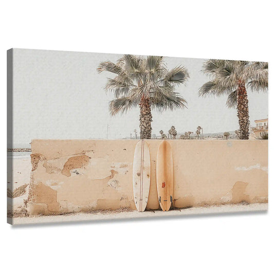Palm trees and surfboards — coastal canvas print in soft tan hues, perfect bedroom wall art for peaceful beach décor