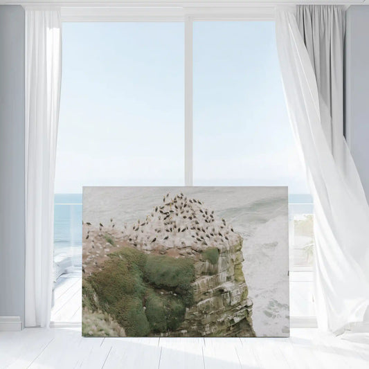 Seaside cliff and flying birds — large canvas wall art for bedroom, neutral palette adds peaceful coastal sophistication