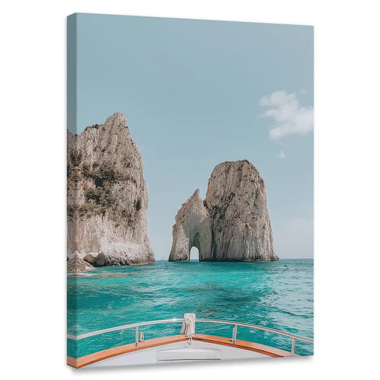 Rock arch seascape — coastal canvas print with turquoise waters and stone cliffs, ideal bedroom wall art for serene vibes
