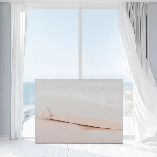 Minimalist surfboard seascape large canvas wall art—modern coastal design with soft blush and cream hues for serene interiors