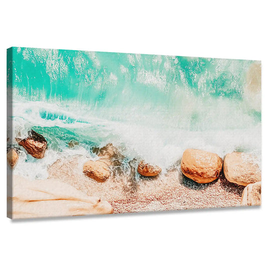Turquoise shoreline canvas wall art for bedroom, calming seafoam blues and warm sand tones creating a serene coastal retreat.
