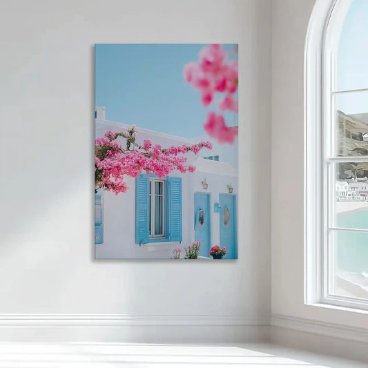 Greek island flowers — large canvas wall art in coastal tones of blue and pink, inspiring summer-themed decor for modern bedroom interiors