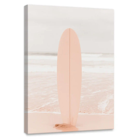 Blush surfboard canvas wall art for bedroom—minimalist coastal design with soft pink tones, creating a calm modern beach vibe